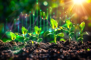 Green seedlings sprouting with stock market growth chart, sun rays
