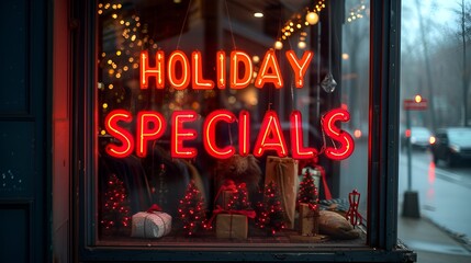 Sign in store window that says “HOLIDAY SPECIALS” - deals - big discount - Black Friday - sales - neon sign - storefront - display window - retail - holiday - Christmas