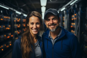 It engineers conducting diagnostics in network server room with technicians examining servers