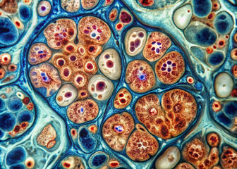 Microscopic image of damaged kidney tissue with scarred glomeruli and fibrotic deposits, illustrating progressive loss of renal function in chronic kidney disease.