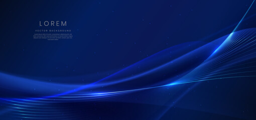 Abstract luxury glowing lines curved overlapping on dark blue background.