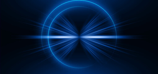 Glowing blue light ray with on dark blue background and lighting sparkle.