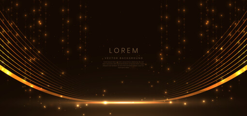 Abstract glowing gold lighting curve lines on dark  background with lighting effect and sparkle with copy space for text.