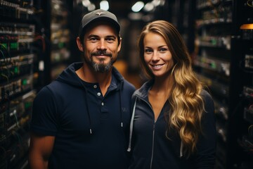 It engineers diagnose servers with male and female specialists in network server room