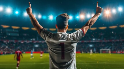 Football player wearing a white shirt Illuminated by spotlights, arms raised in the air, pointing fingers, victory. Rear view of players emphasizing success and victory. - Powered by Adobe