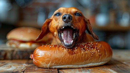 A panting, thirsty hot dog begging, evoking a sense of urgency