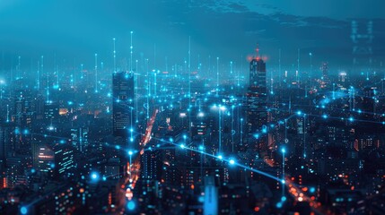Modern smart city with blue tech wires and antennas on a night skyline, double exposure for a futuristic data concept.