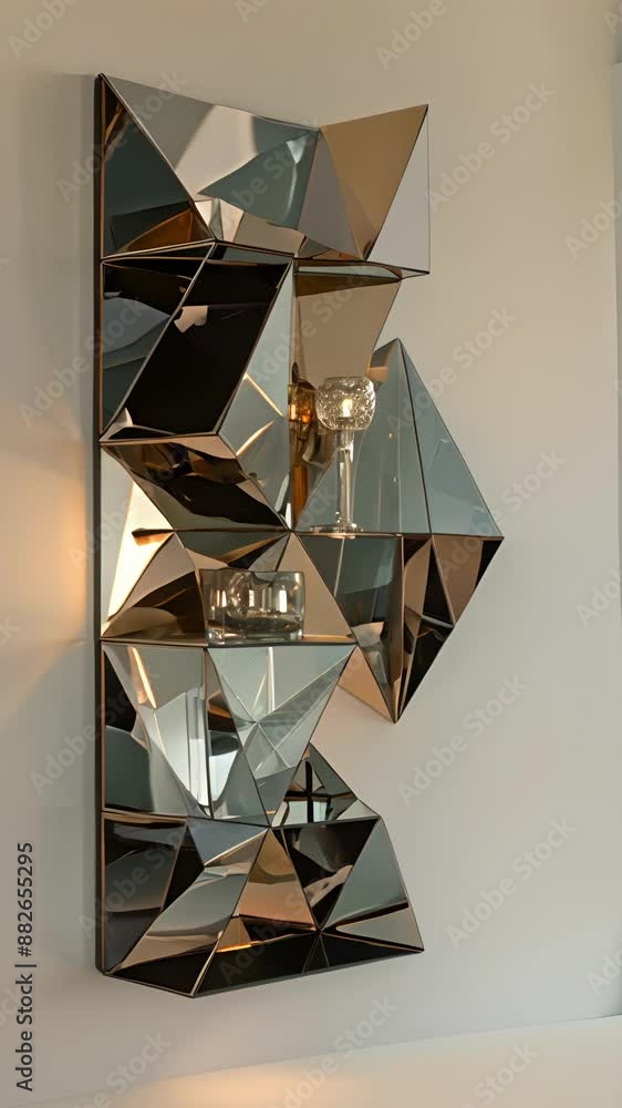 Poster geometric display shelves in a metallic finish adding a touch of luxury to any room.