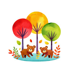 秋の森に住むかわいい子グマのイラスト　白背景の切り抜き
