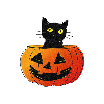 recommend clip art: ハロウィンのジャック・オ・ランタンから顔を出す黒猫のイラスト　白背景の切り抜き
