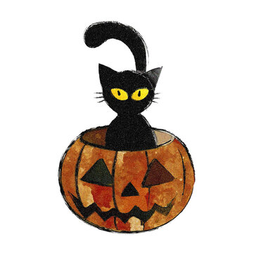 recommend clip art: ハロウィンのジャック・オ・ランタンから顔を出す黒猫のイラスト　白背景の切り抜き