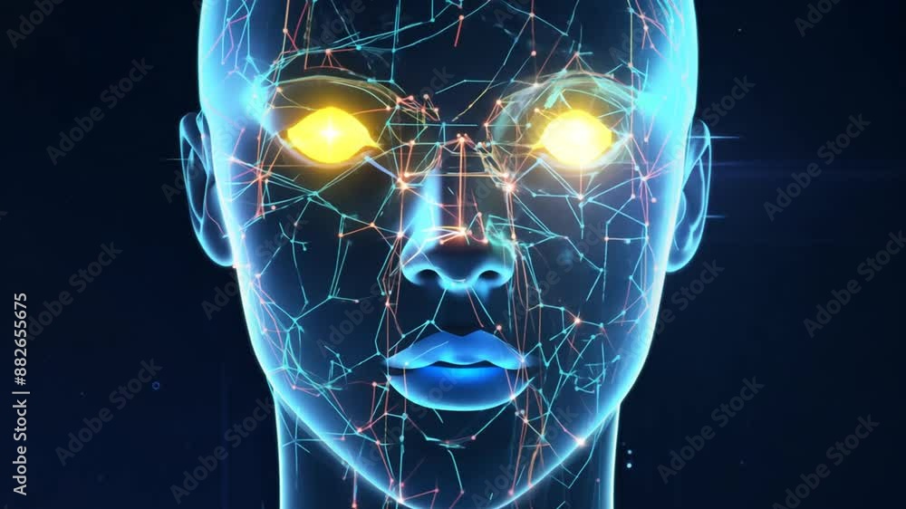 Poster futuristic ai head with neon neural network generative ai