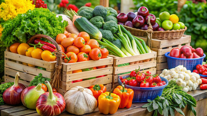 Colorful array of fresh fruits and vegetables arranged artfully on a wooden crate, with price tags and signs advertising discounted bundle deals and promotions.