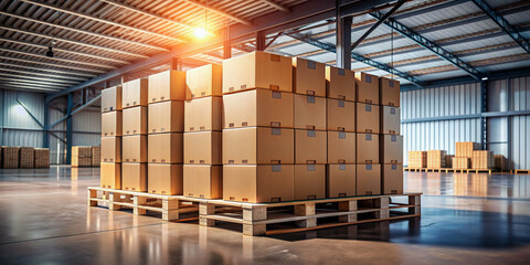 A neatly arranged stack of cardboard boxes on a wooden pallet in a dimly lit warehouse with concrete floor and steel shelves in the background.