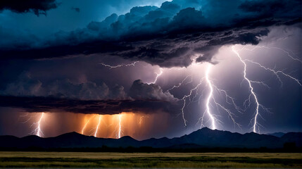 Dramatic lightning storm over a rugged mountain range. Thunderstorm, natural spectacle, mountain lightning, electric sky