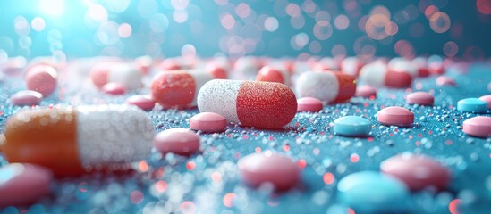 Close-up of Pills on a Blue Background with Water Droplets