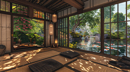 Fototapeta premium A beautiful Japanese tea house with tatami mats and a view of a tranquil koi pond