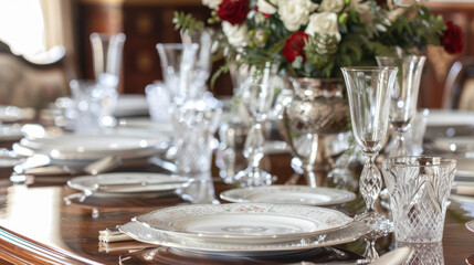 Fototapeta premium A beautifully set dining table with elegant dinnerware, crystal glasses, and a centerpiece of fresh flowers