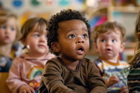 Mixed race group of toddlers in classroom, looking in awe at their teacher
