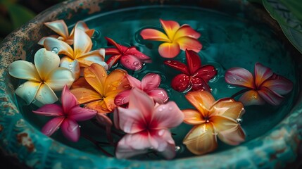Fototapeta premium Macro shot of colorful flowers scattered across a reflective water surface