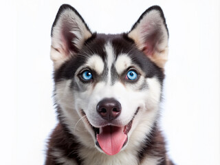 Fototapeta premium Adorable Siberian Husky dog with piercing blue eyes and tongue out, smiling brightly, poses on a clean white background, showcasing its innocent and playful nature.