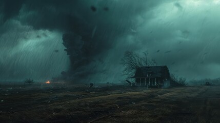 Fototapeta premium A terrifying tornado ripping apart rural countryside, colossal whirl of wind and debris, shattered farmhouses and uprooted trees