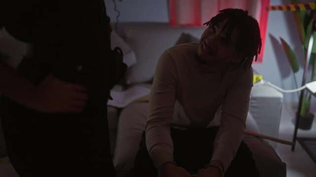 A policewoman interrogates a seated, handcuffed man in a dimly-lit, indoor crime scene environment.