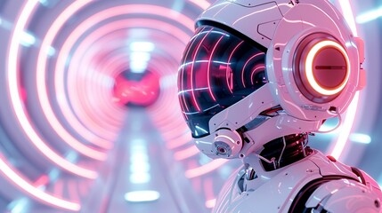 Fototapeta premium High-tech collaboration: Robots and humans in a futuristic setting with vibrant lighting. Illustration, Image, , Minimalism,