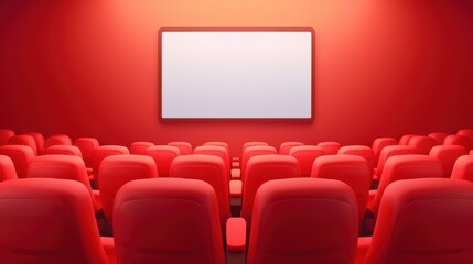 Fototapeta premium Spacious movie theatre with red seats big white screen. Empty cinema hall interior.