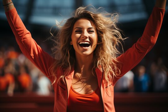 Triumphant woman runner crossing finish line in stadium for fitness victory and sport celebration