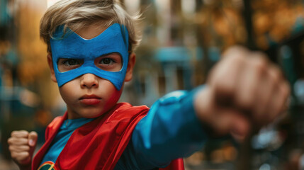 A child with a superhero face paint mask, striking a powerful pose