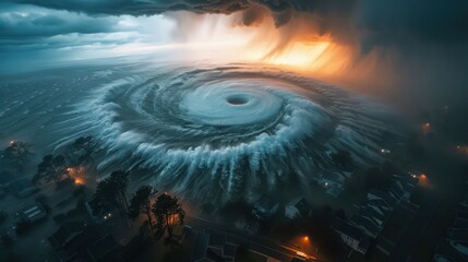 Aerial view of a colossal hurricane swirling over a suburban neighborhood, with thick clouds and powerful winds engulfing the area.