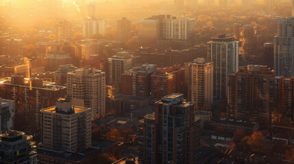 Obraz premium A cityscape during golden hour, with the sun casting long shadows and illuminating the buildings in a warm glow