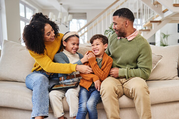 Laughing, family and children in home with winter fashion, parents or support with smile or foster...