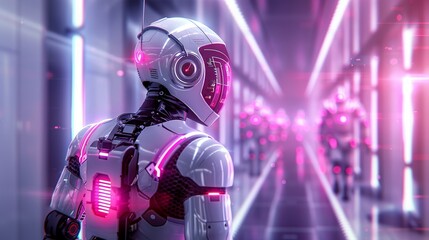 Robots and humans in a futuristic setting, illuminated by vibrant lights. Illustration, Image, , Minimalism,