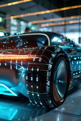 Obraz premium Futuristic Electric Car with Digital Interface Display in Modern Showroom