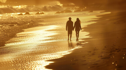 Fototapeta premium A couple walking hand-in-hand along a beach, the golden light reflecting off the waves and creating a romantic atmosphere