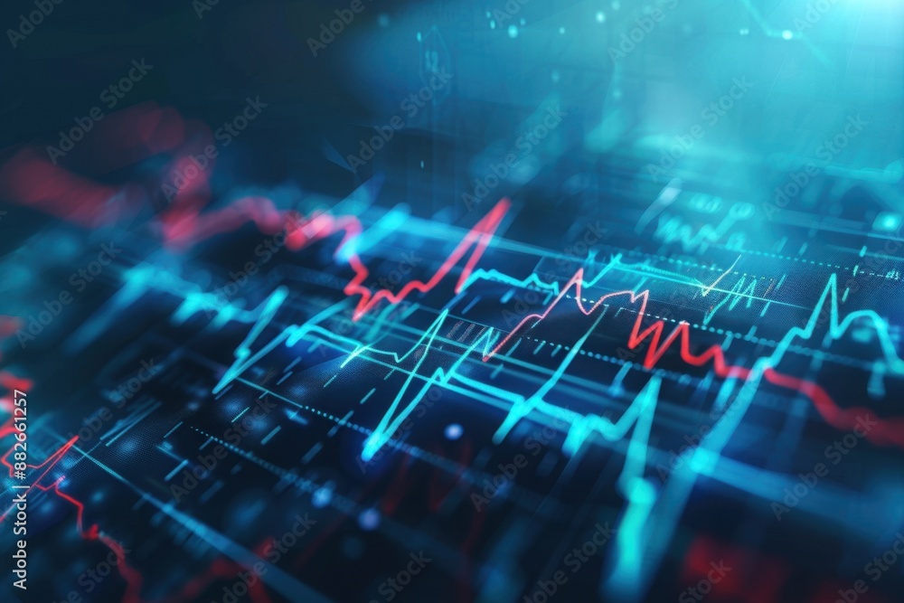 Poster abstract stock market data visualization with red and blue lines
