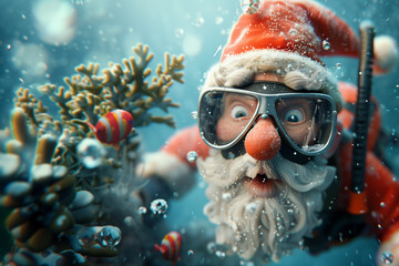 funny santa claus character underwater scuba diving/