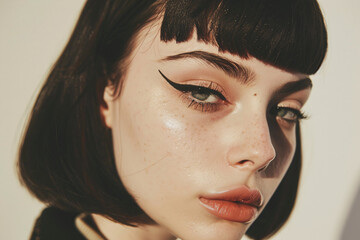 Naklejka premium Face of young attractive woman with thick winged eyeliner makeup and dark hair with short bangs