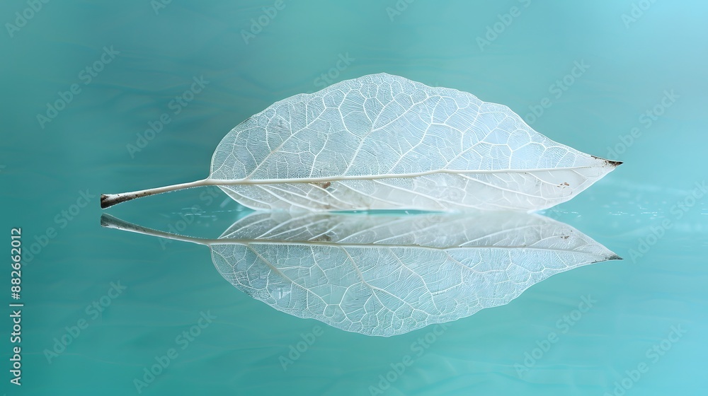 Poster white transparent leaf on mirror surface with reflection on turquoise background macro. artistic ima