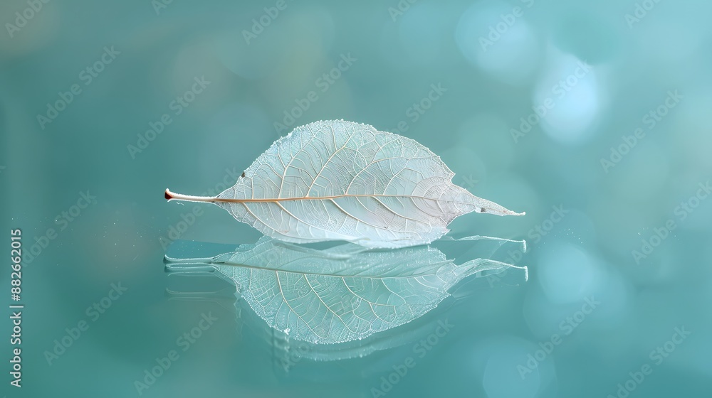 Poster white transparent leaf on mirror surface with reflection on turquoise background macro. artistic ima