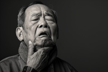 Fototapeta premium An elderly man grimaces with his hand on his chin