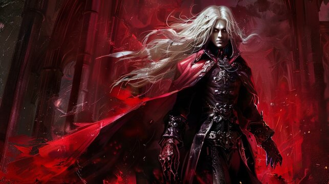 A vampire lord stands in a gothic ruin, his long white hair flowing in the wind
