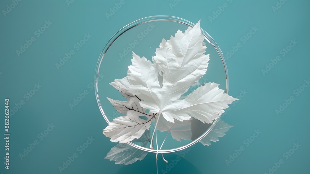 Aufkleber white transparent leaf on mirror surface with reflection on turquoise background macro. artistic ima