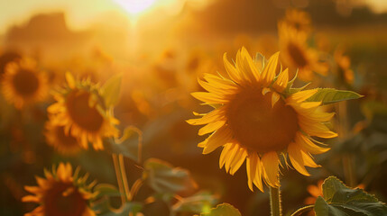 A field of sunflowers facing the setting sun, their golden petals glowing in the soft evening light