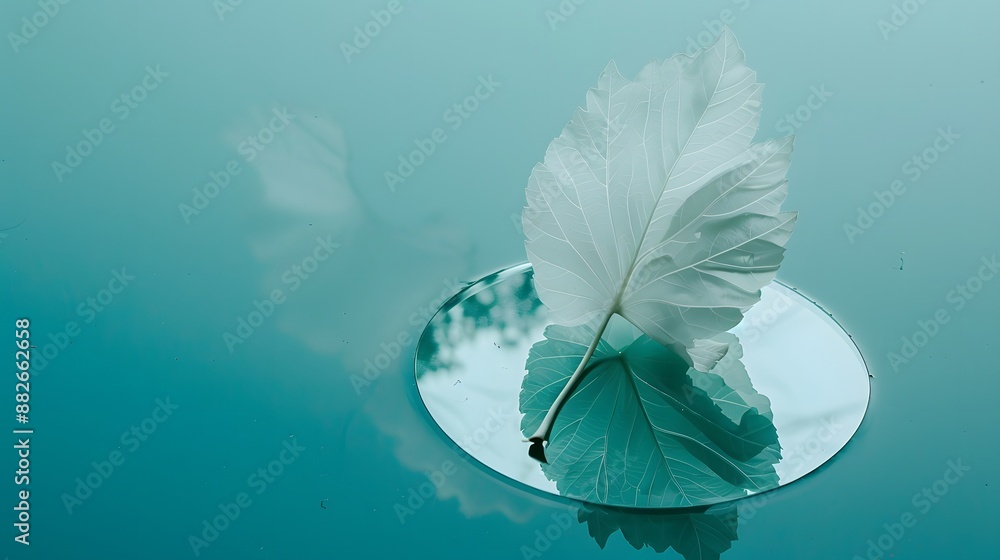 Aufkleber white transparent leaf on mirror surface with reflection on turquoise background macro. artistic ima
