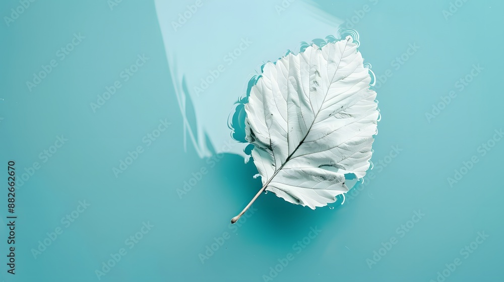 Poster white transparent leaf on mirror surface with reflection on turquoise background macro. artistic ima