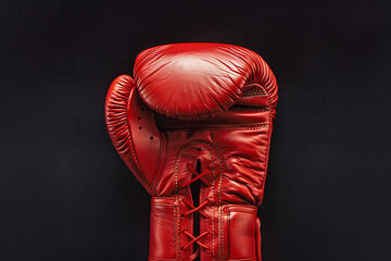 Bright red boxing glove on black studio background