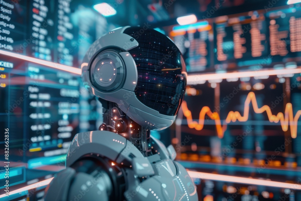 Poster robot looking at data on screens.